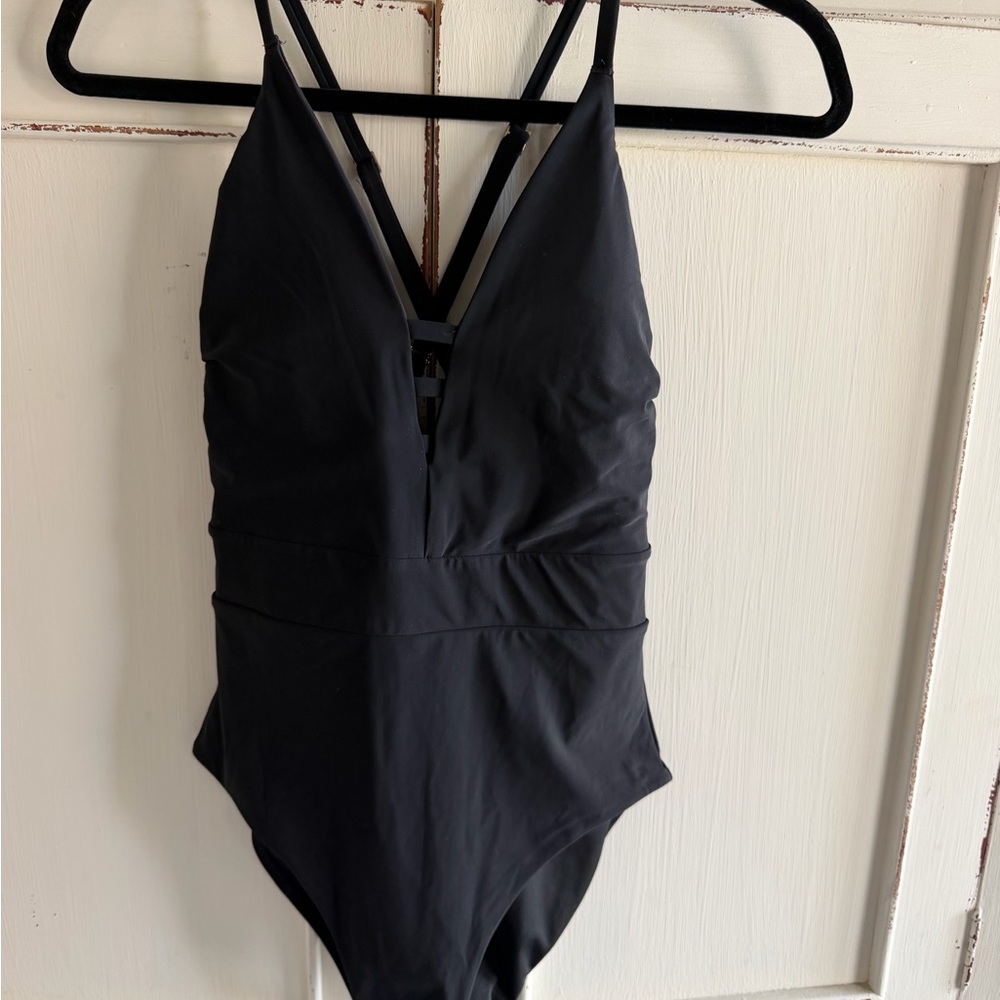 Lands' End Black One-Piece Swimsuit with V-Neck
